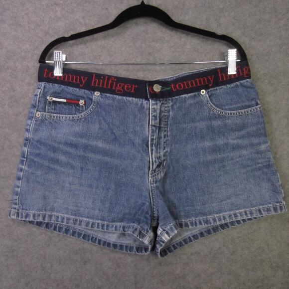 Vintage Tommy Jeans Shorts Womens 13 Blue Denim Logo Waistband High Rise 90s - Picture 1 of 8
